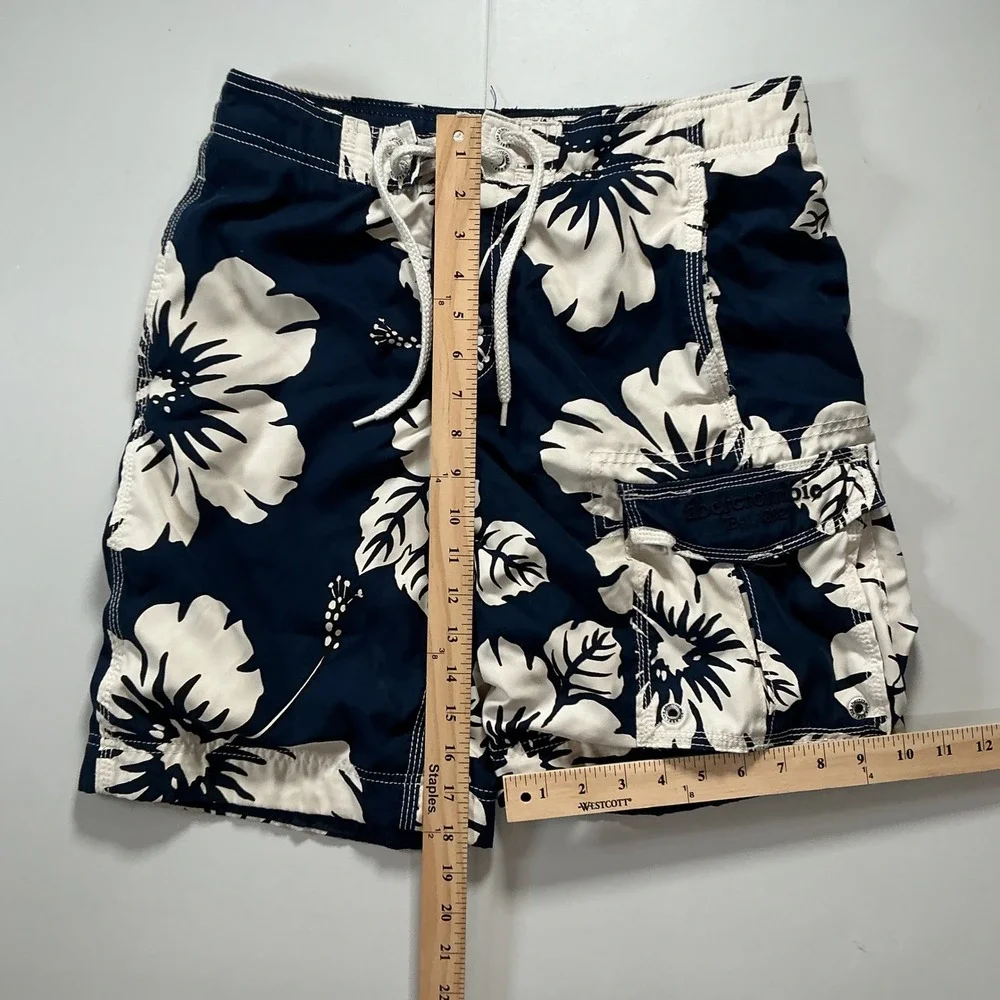 VTG Y2K Abercrombie Swim Trunks Navy Hibiscus Floral Cargo Board Shorts Mens L
